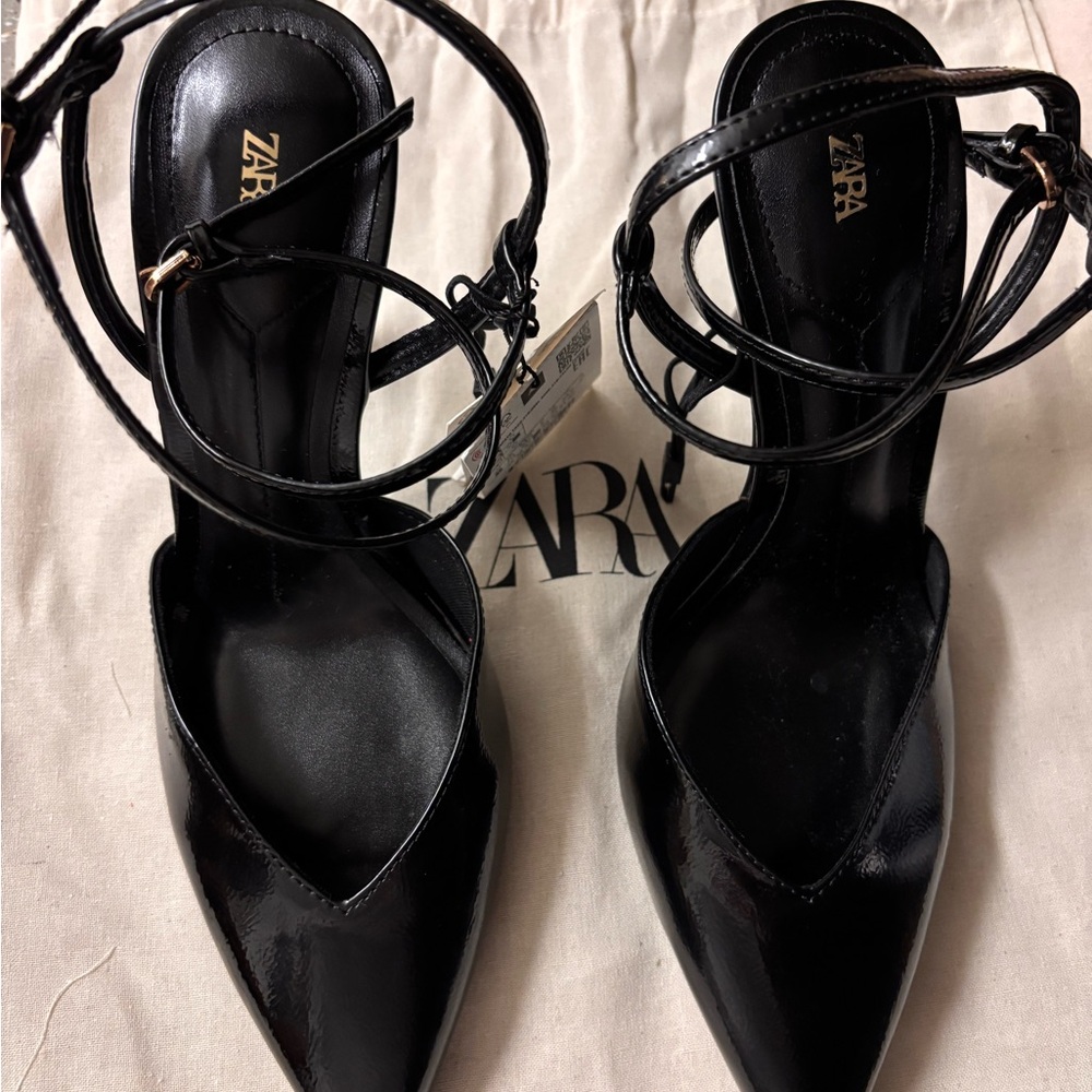 Zara Glossy Black Strappy Heels